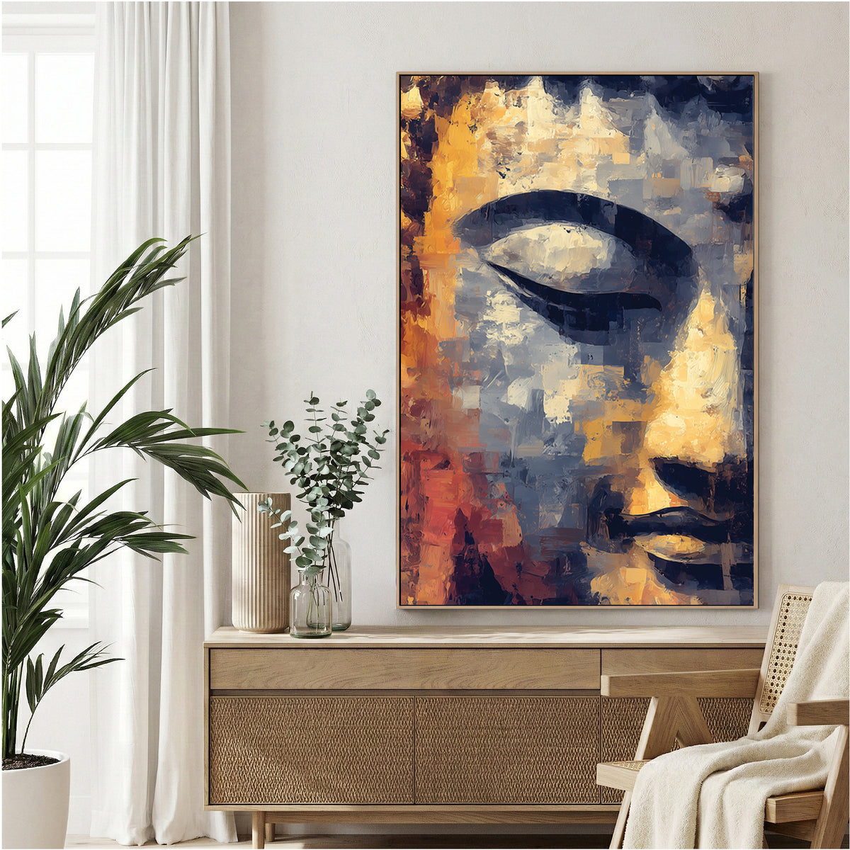 Buddha face with serene expression in gold and rust tones, mixed media print