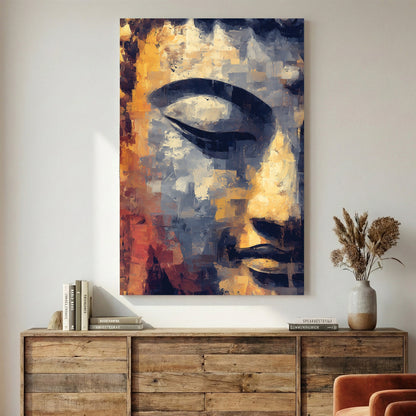 Buddha face with serene expression in gold and rust tones, mixed media print