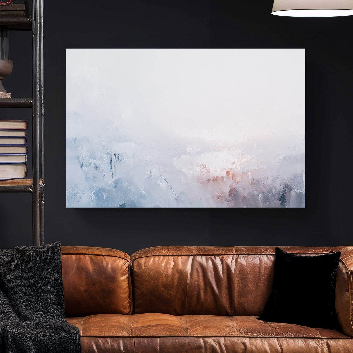 Misty mountain landscape in soft pink and blue watercolour tones