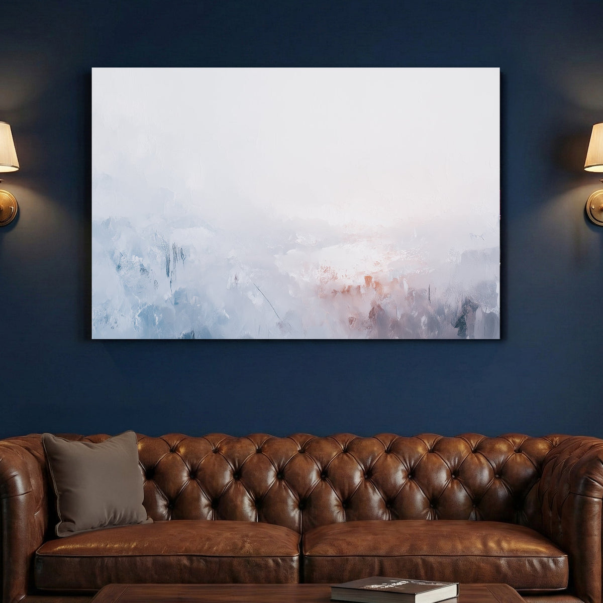 Misty mountain landscape in soft pink and blue watercolour tones