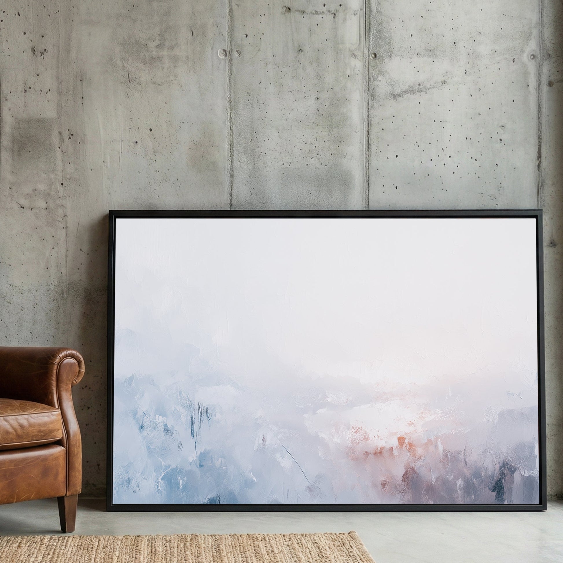 Misty mountain landscape in soft pink and blue watercolour tones