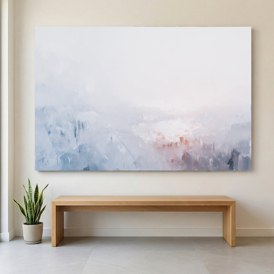 Misty mountain landscape in soft pink and blue watercolour tones