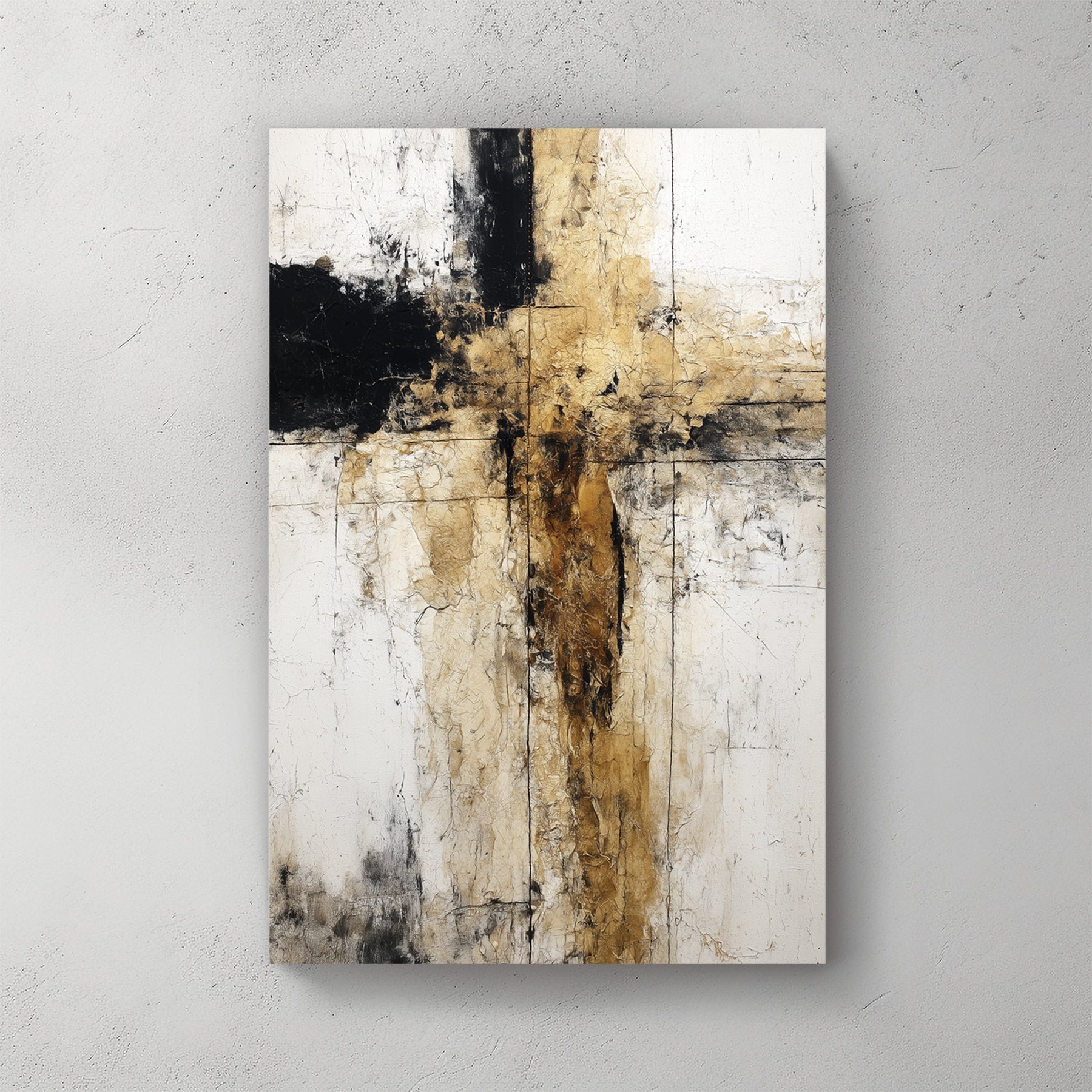 Abstract geometric composition with intersecting black and earth tone vertical and horizontal lines