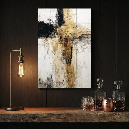 Abstract geometric composition with intersecting black and earth tone vertical and horizontal lines