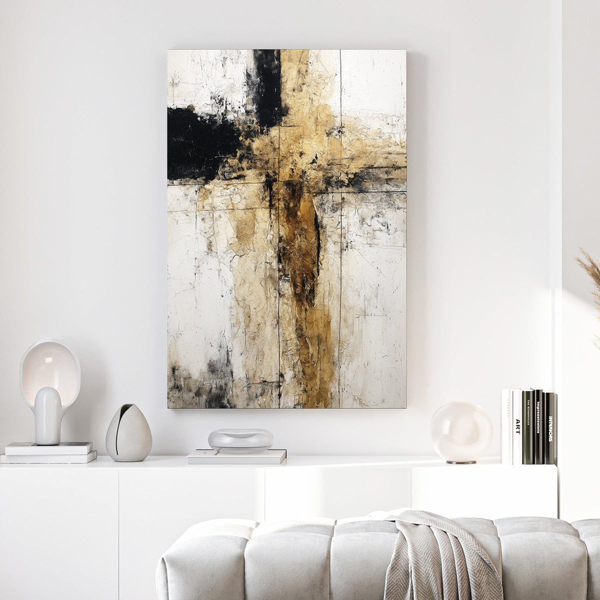 Abstract geometric composition with intersecting black and earth tone vertical and horizontal lines
