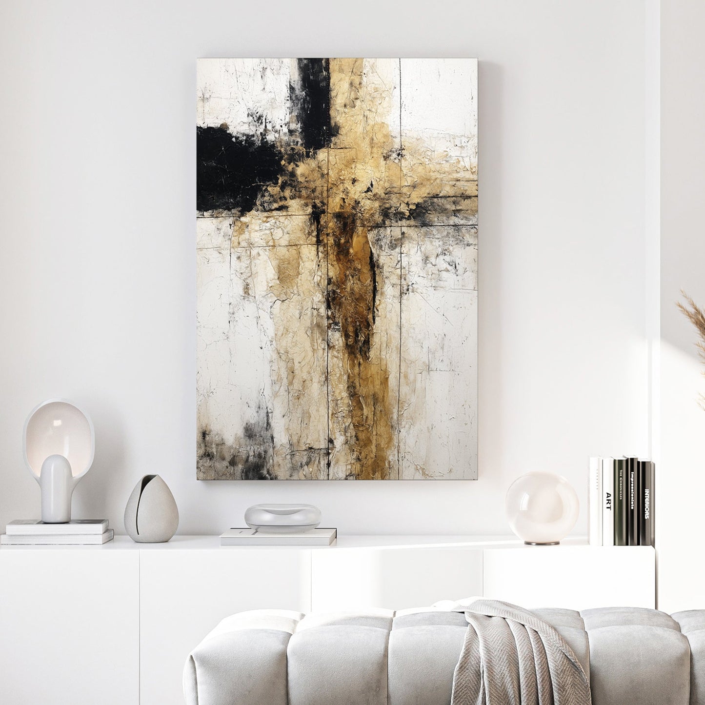 Abstract geometric composition with intersecting black and earth tone vertical and horizontal lines