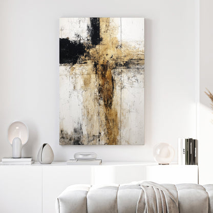 Abstract geometric composition with intersecting black and earth tone vertical and horizontal lines