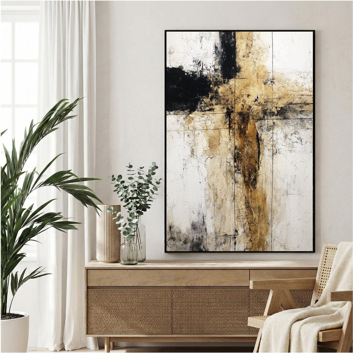 Abstract geometric composition with intersecting black and earth tone vertical and horizontal lines