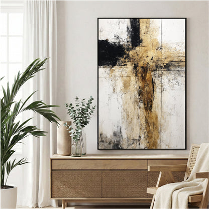 Abstract geometric composition with intersecting black and earth tone vertical and horizontal lines