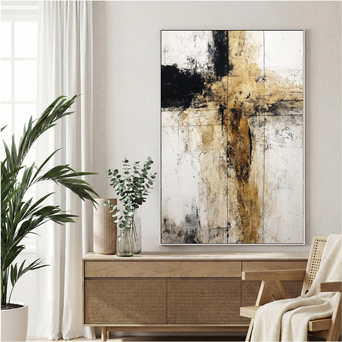 Abstract geometric composition with intersecting black and earth tone vertical and horizontal lines