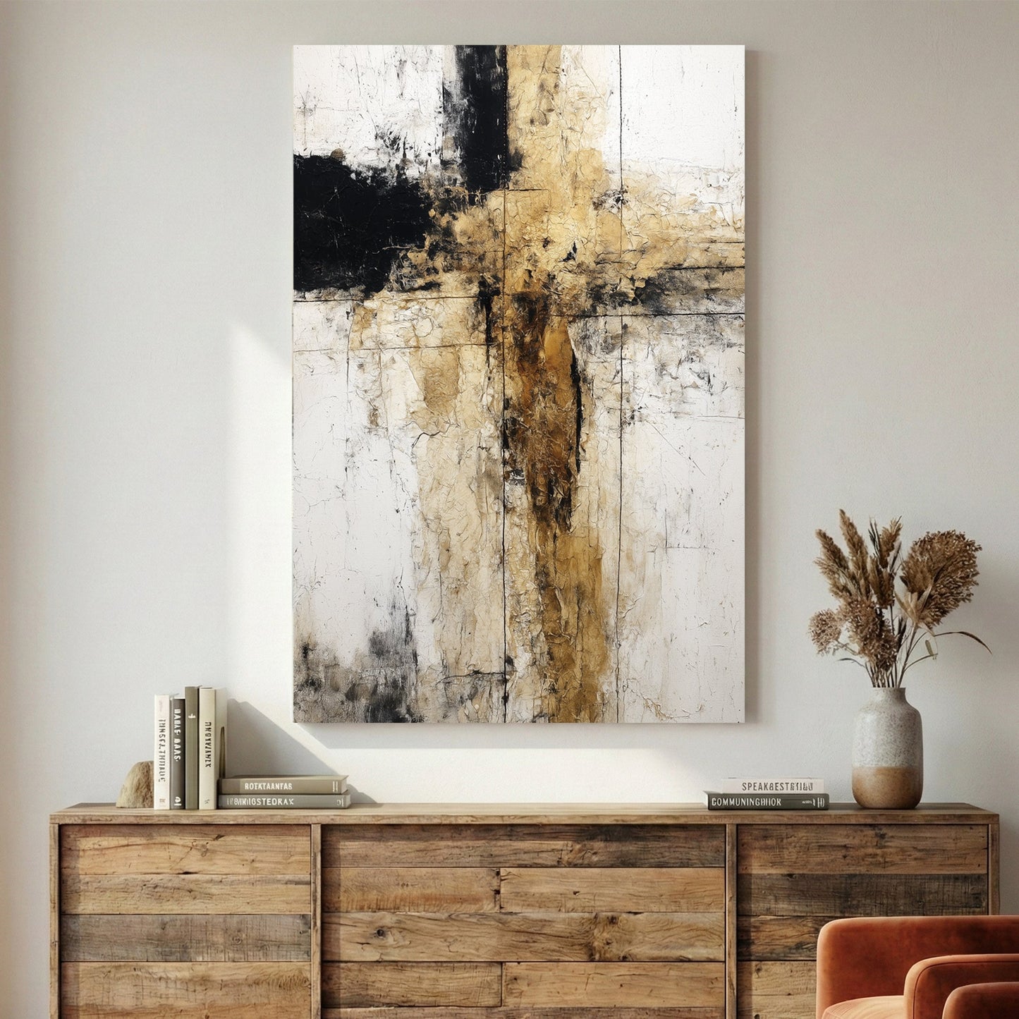 Abstract geometric composition with intersecting black and earth tone vertical and horizontal lines