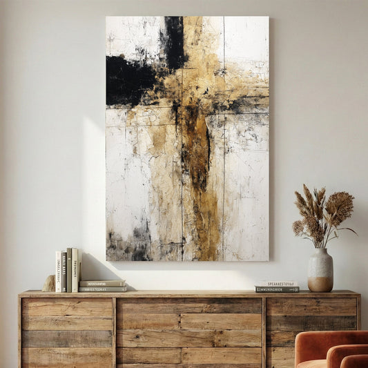 Abstract geometric composition with intersecting black and earth tone vertical and horizontal lines