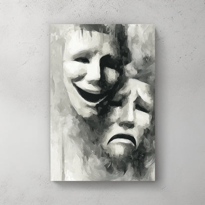 Comedy and tragedy theatre masks in black and white illustration