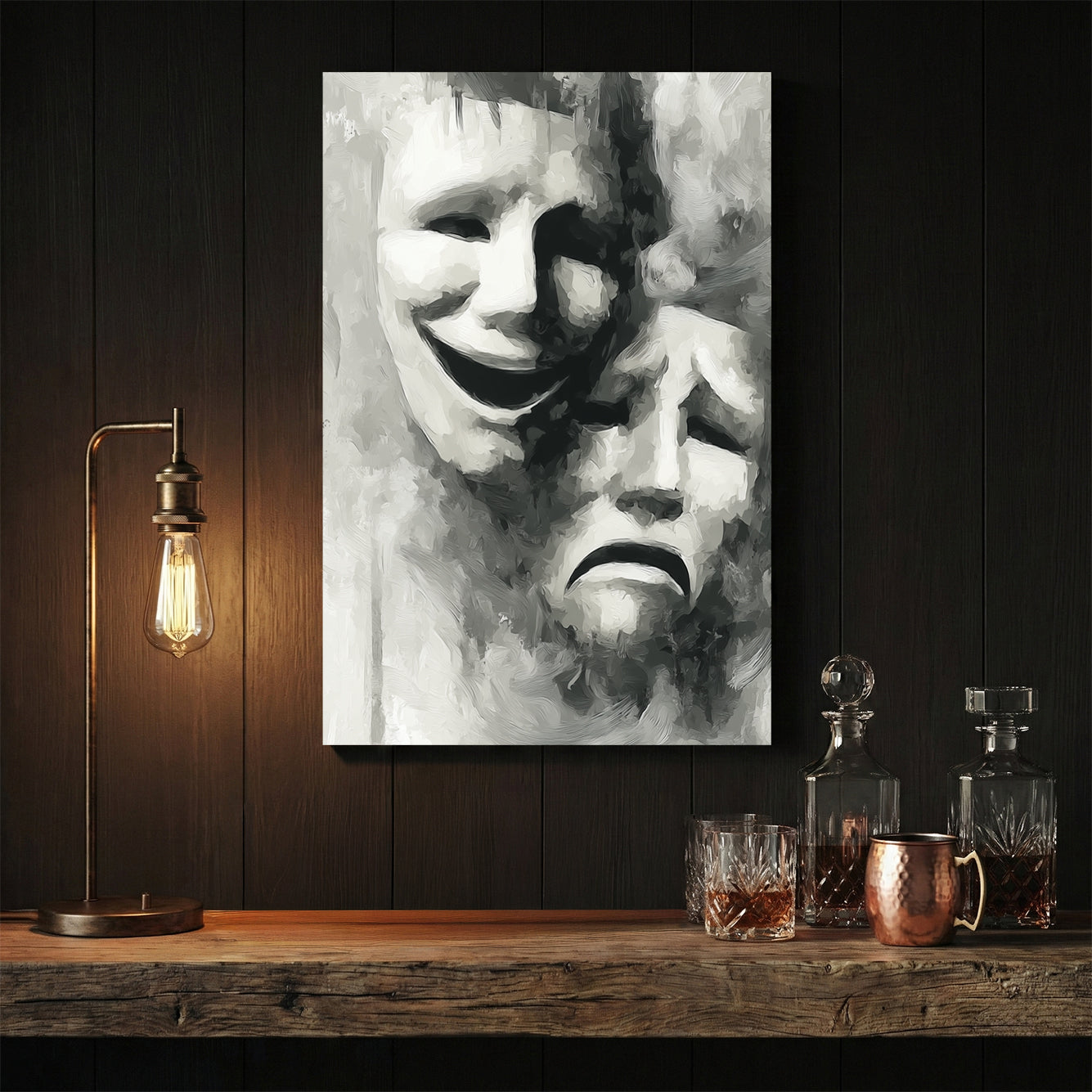 Comedy and tragedy theatre masks in black and white illustration