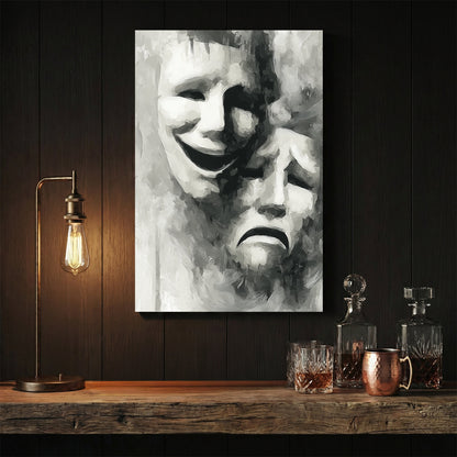 Comedy and tragedy theatre masks in black and white illustration