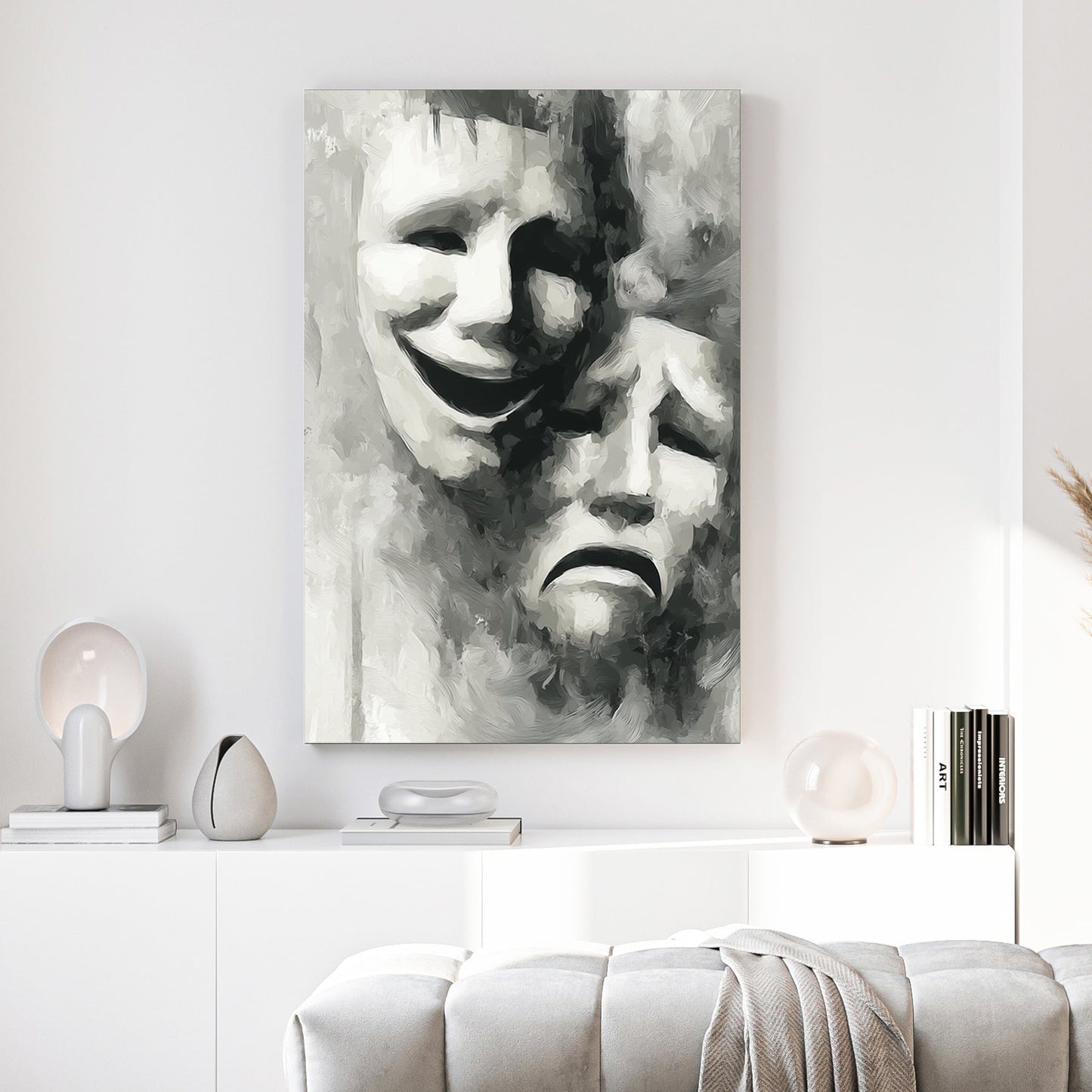 Comedy and tragedy theatre masks in black and white illustration