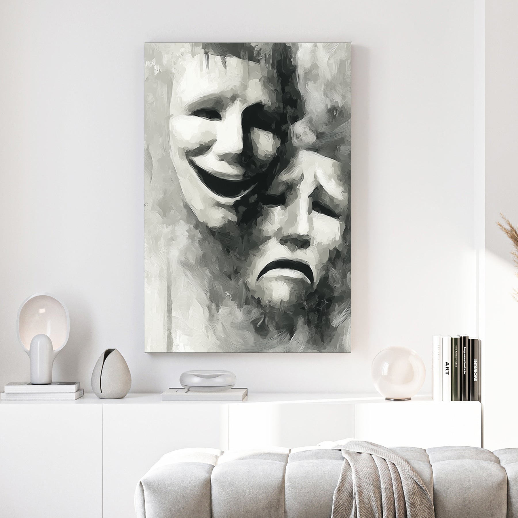 Comedy and tragedy theatre masks in black and white illustration