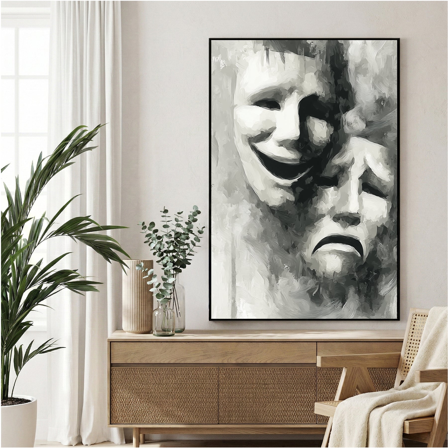 Comedy and tragedy theatre masks in black and white illustration