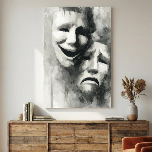 Comedy and tragedy theatre masks in black and white illustration