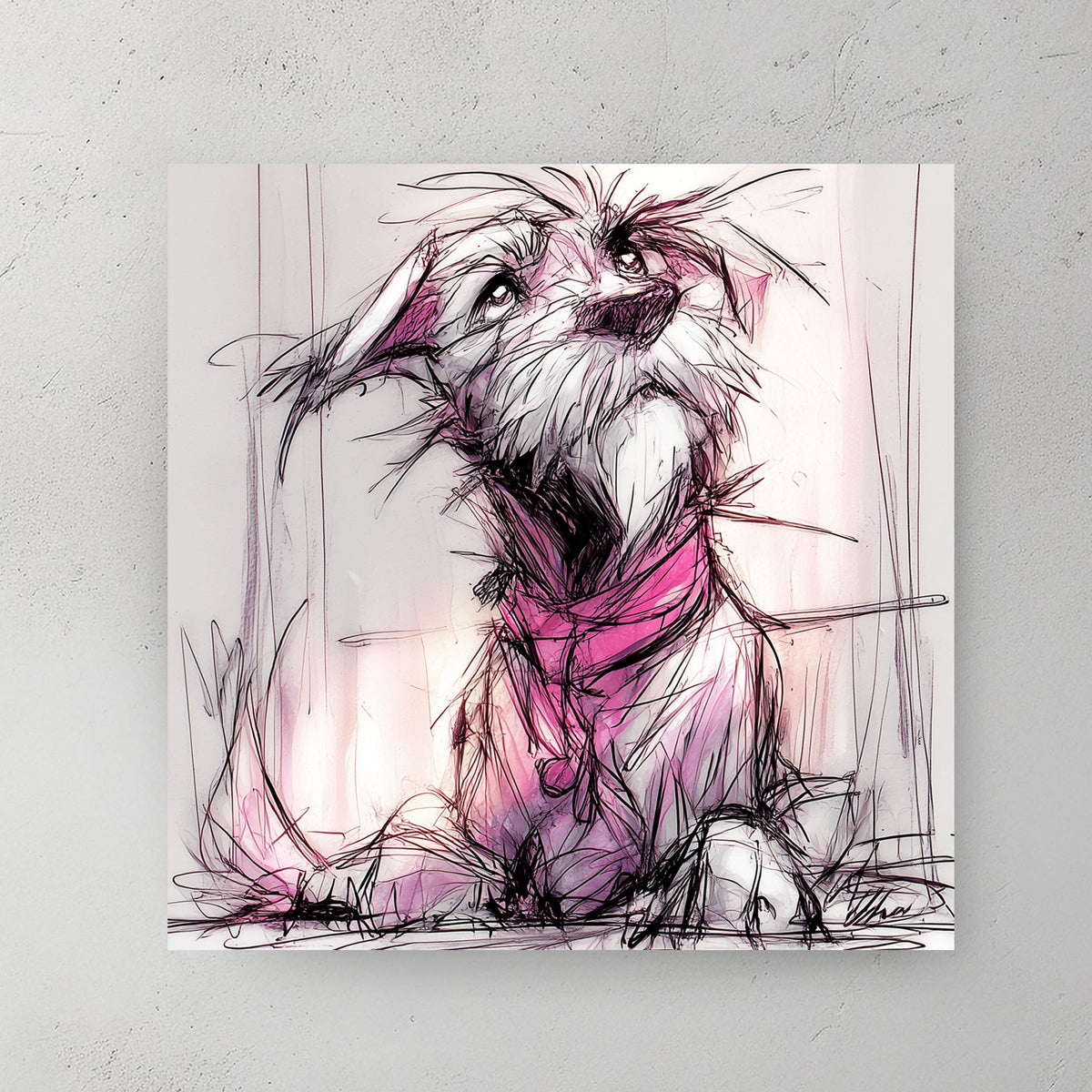 Playful puppy sketch with pink and purple accents, wall art print