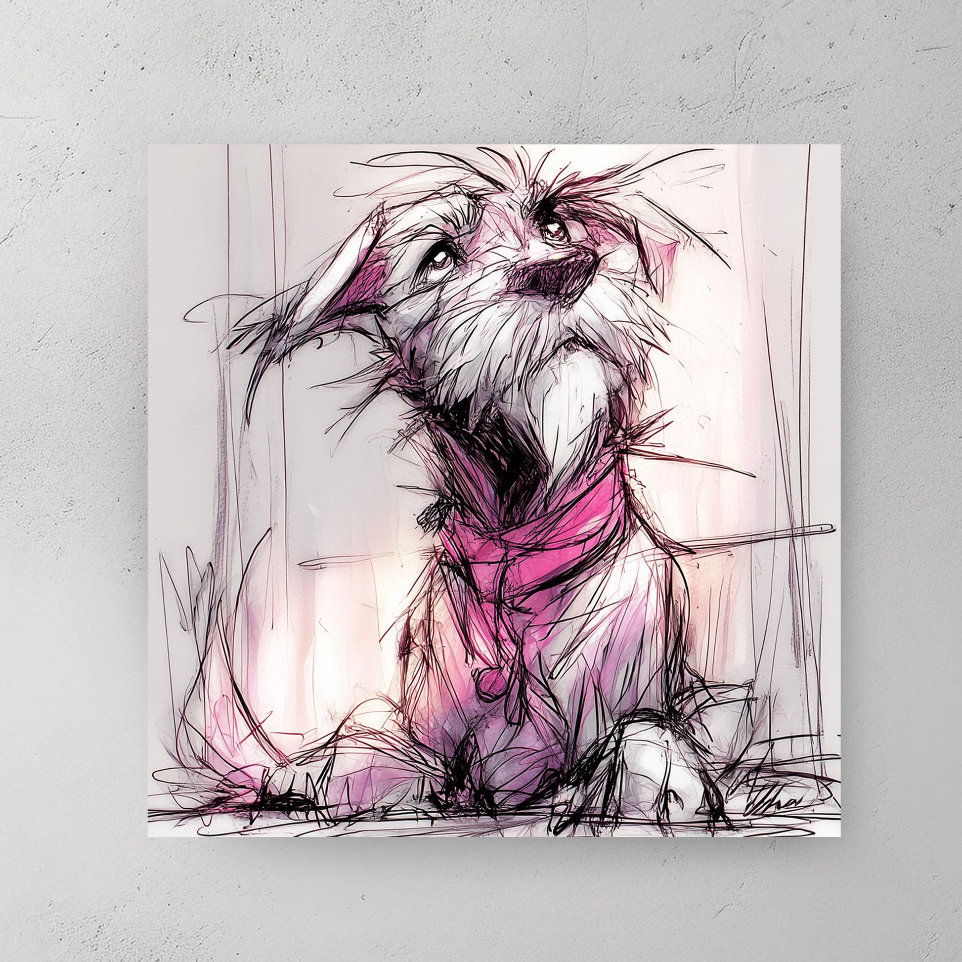 Playful puppy sketch with pink and purple accents, wall art print