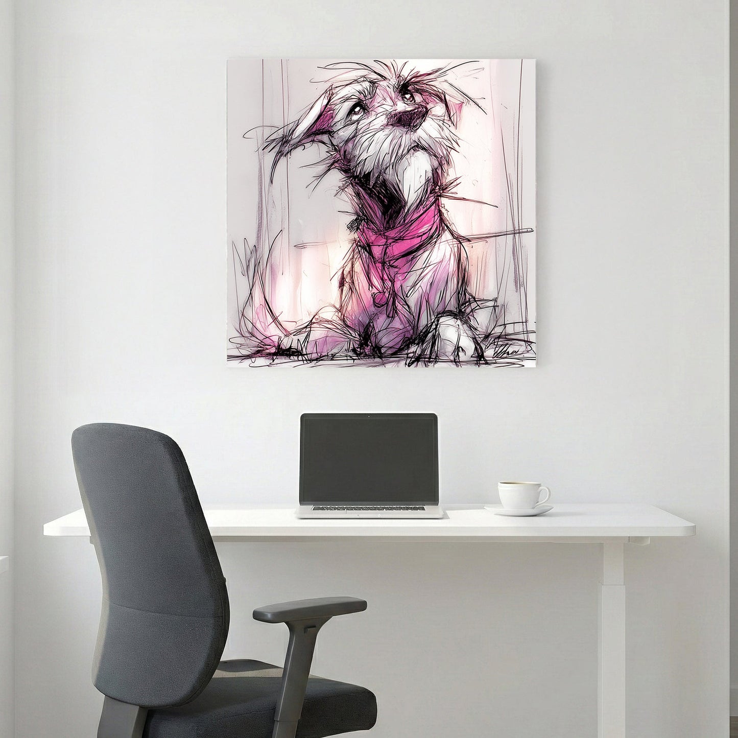 Playful puppy sketch with pink and purple accents, wall art print