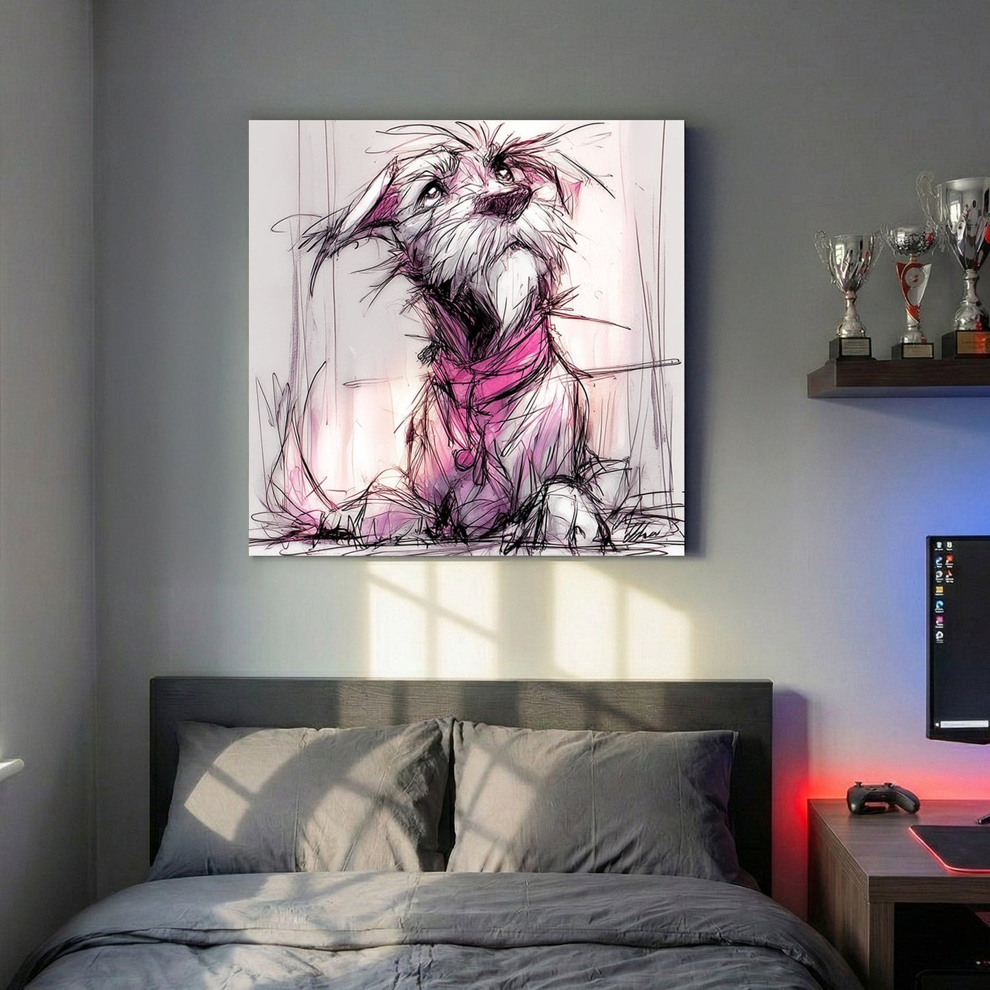 Playful puppy sketch with pink and purple accents, wall art print