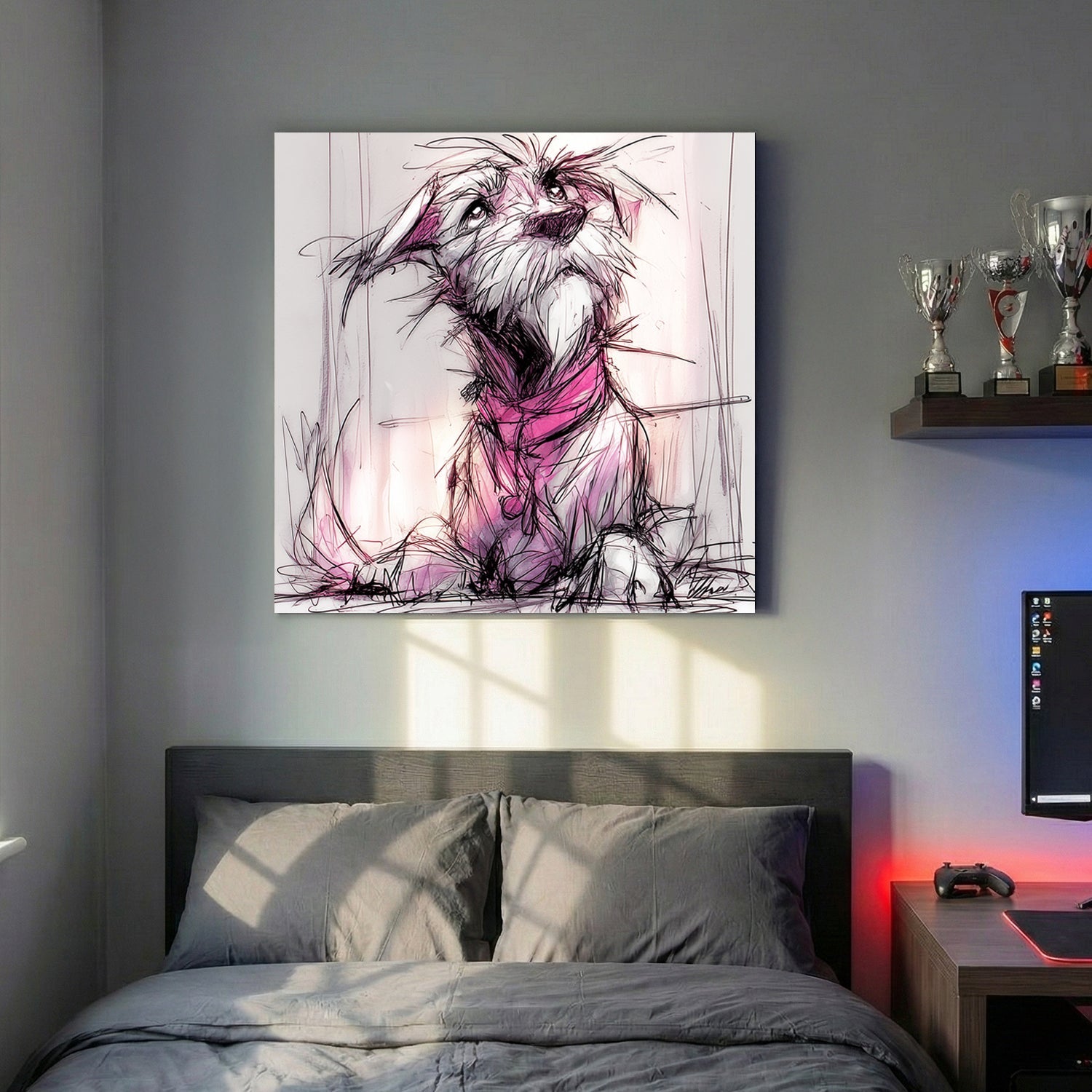 Playful puppy sketch with pink and purple accents, wall art print