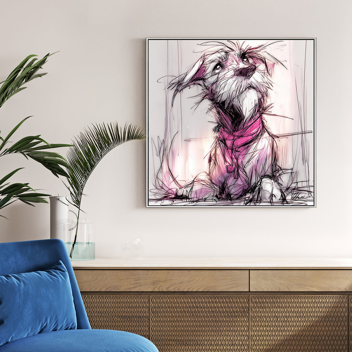 Playful puppy sketch with pink and purple accents, wall art print