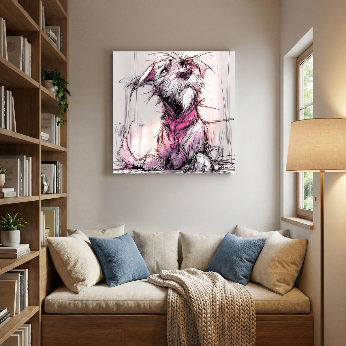 Playful puppy sketch with pink and purple accents, wall art print