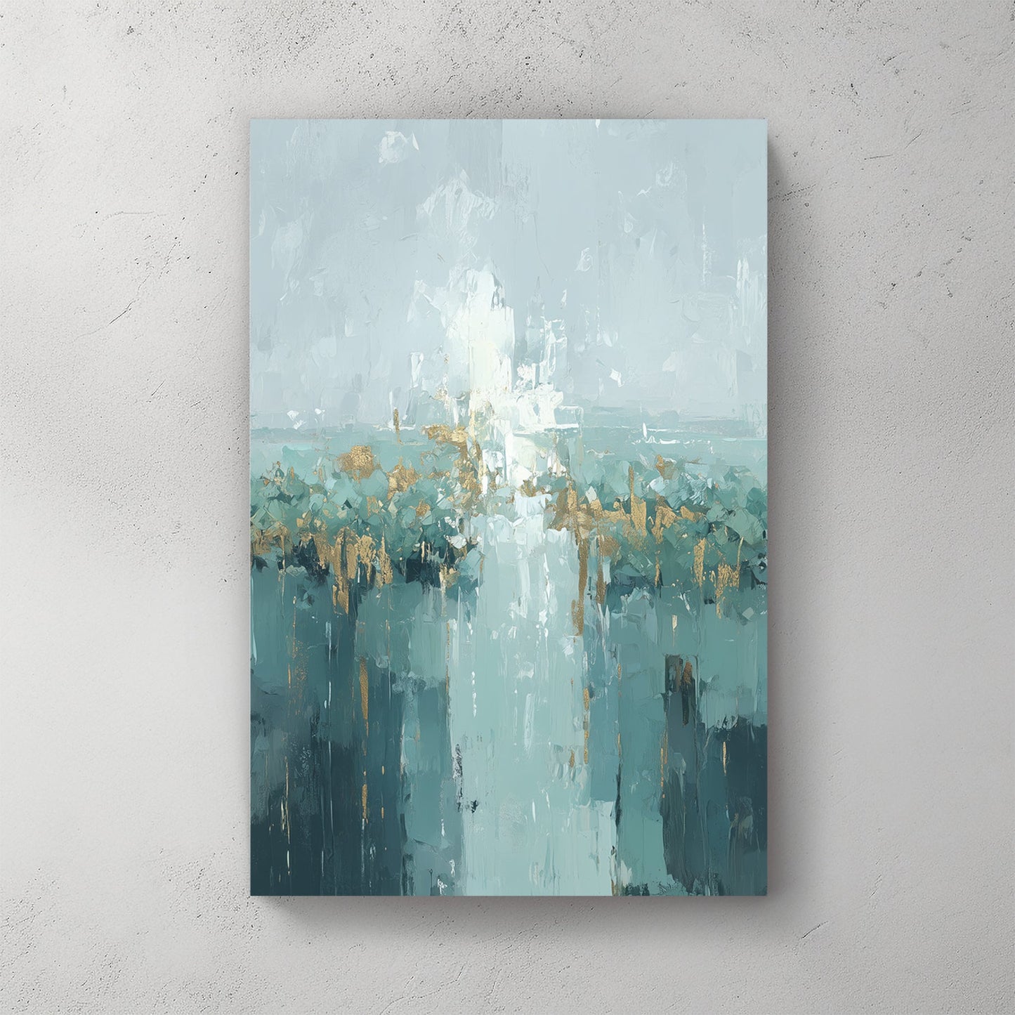 Urban cityscape in watercolour with teal and gold tones