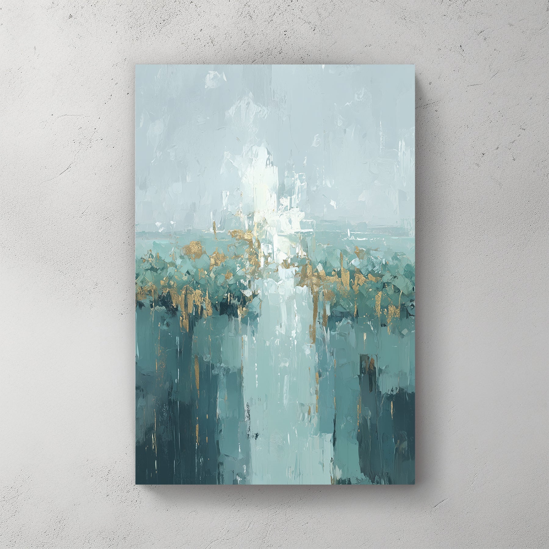 Urban cityscape in watercolour with teal and gold tones