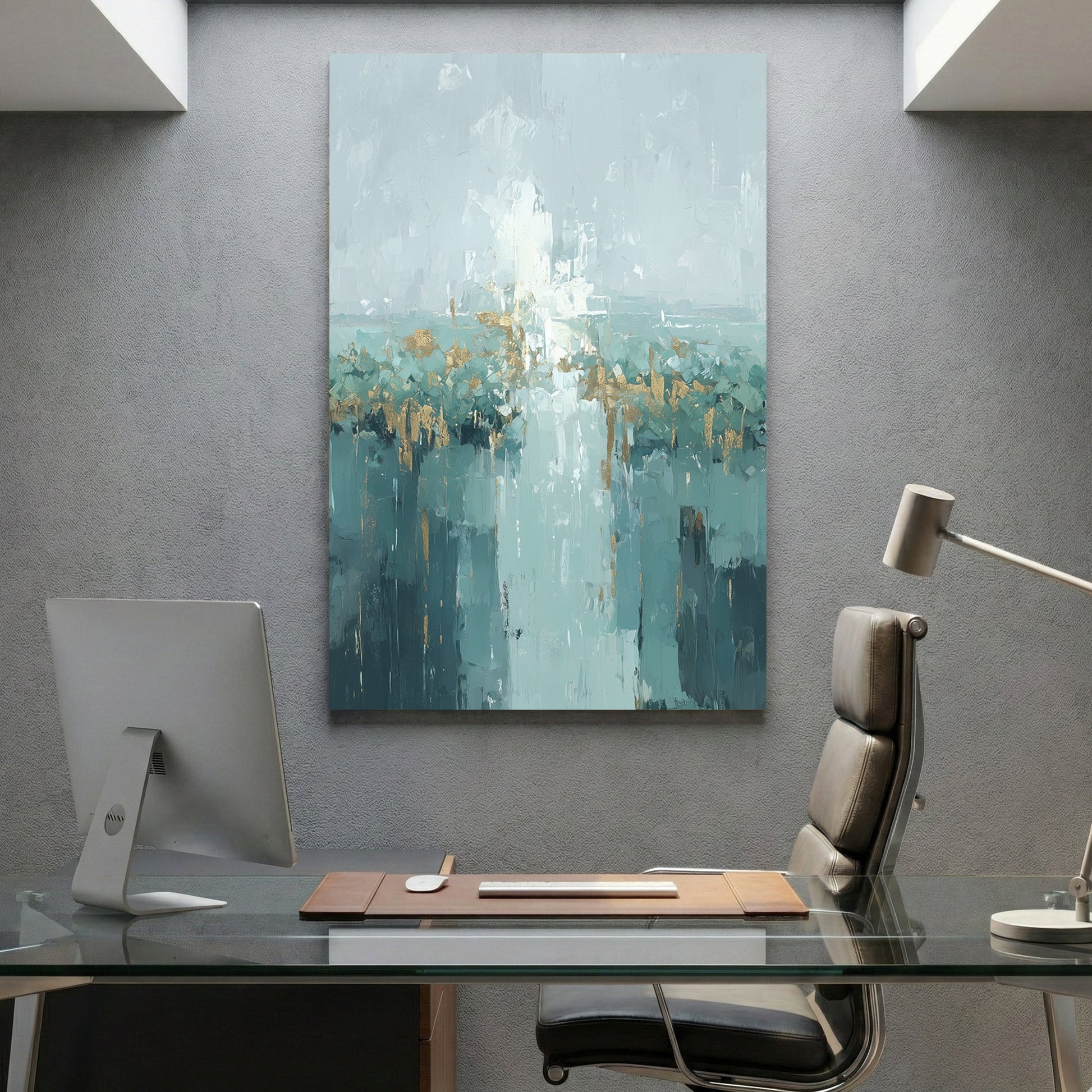 Urban cityscape in watercolour with teal and gold tones