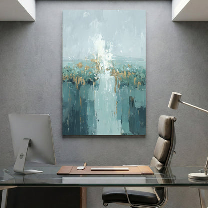 Urban cityscape in watercolour with teal and gold tones