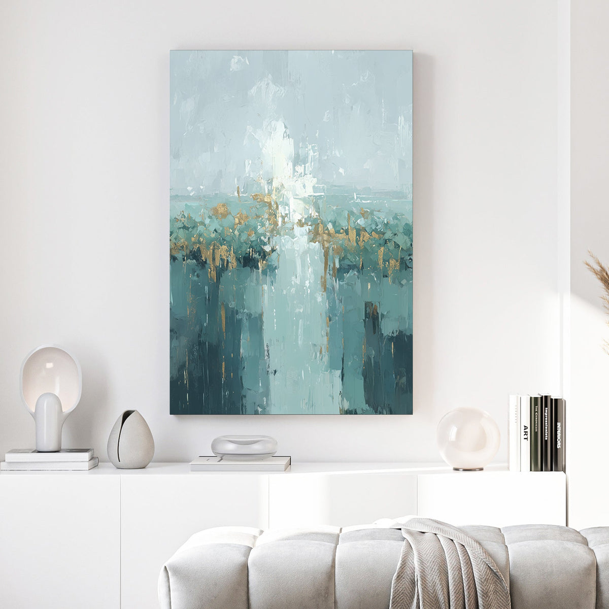 Urban cityscape in watercolour with teal and gold tones