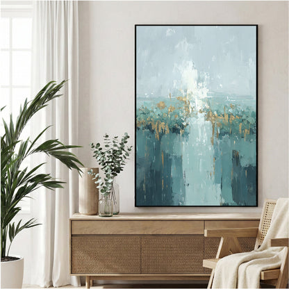 Urban cityscape in watercolour with teal and gold tones