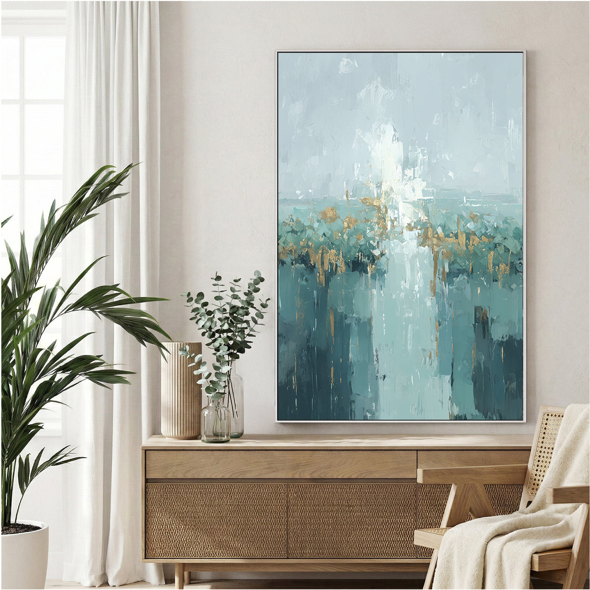 Urban cityscape in watercolour with teal and gold tones