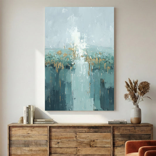 Urban cityscape in watercolour with teal and gold tones