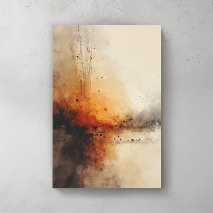Abstract explosion artwork in orange, rust, and blue tones