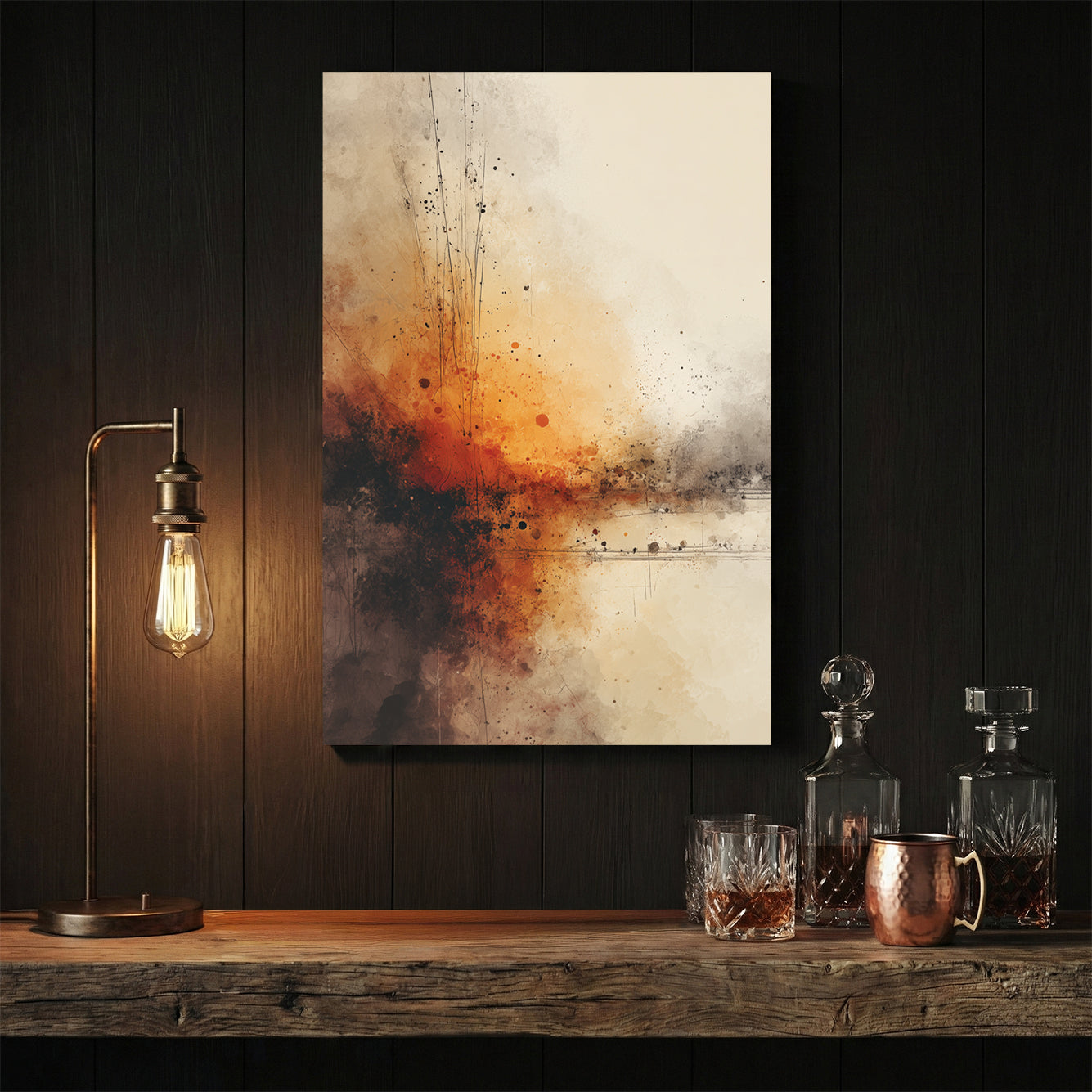 Abstract explosion artwork in orange, rust, and blue tones