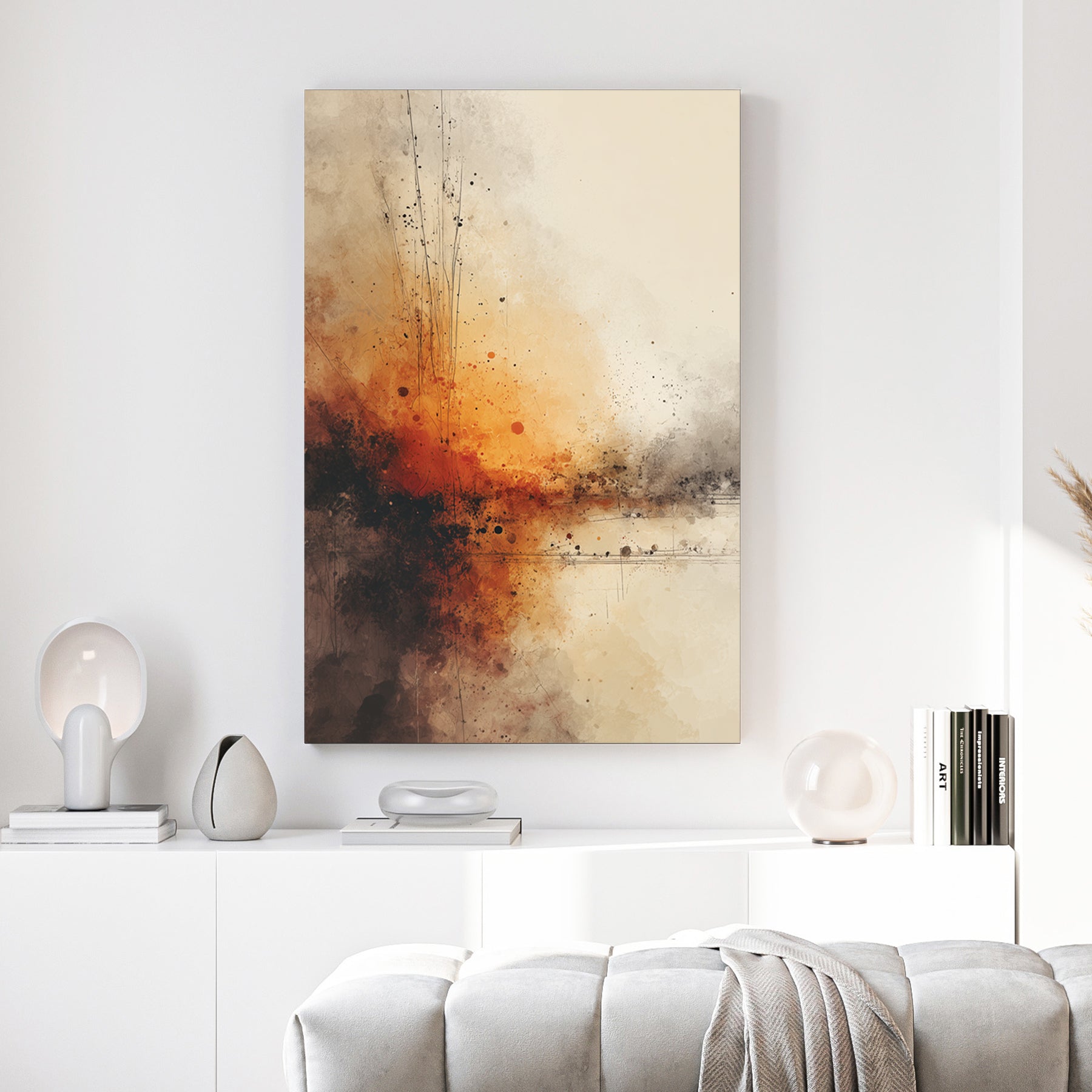 Abstract explosion artwork in orange, rust, and blue tones