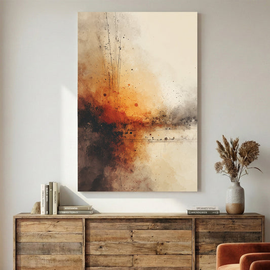 Abstract explosion artwork in orange, rust, and blue tones