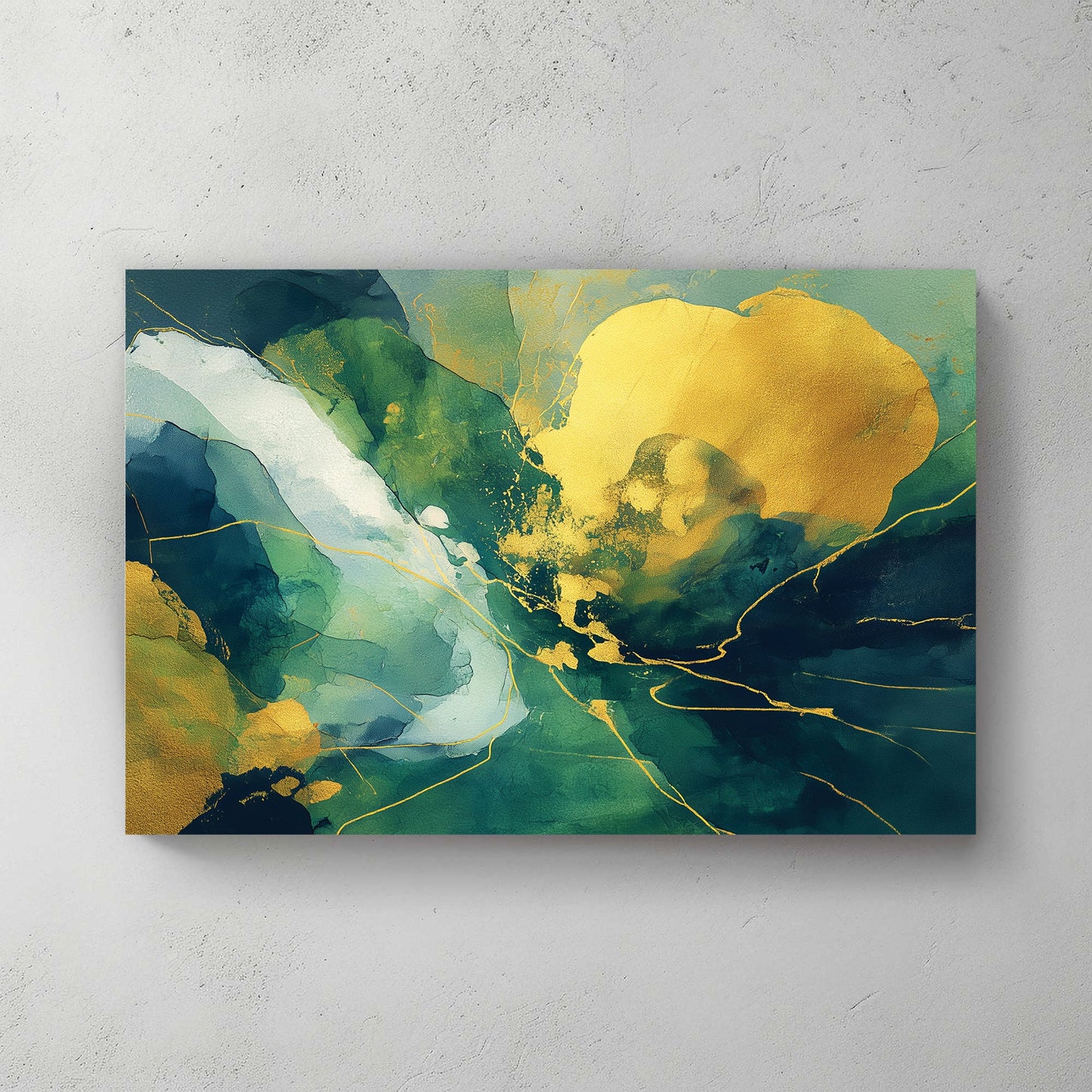 Green and gold abstract mixed media contemporary art watercolour paint