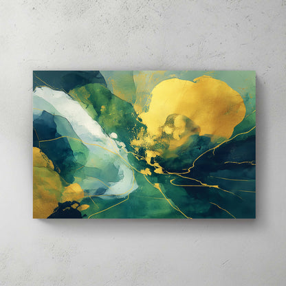 Green and gold abstract mixed media contemporary art watercolour paint