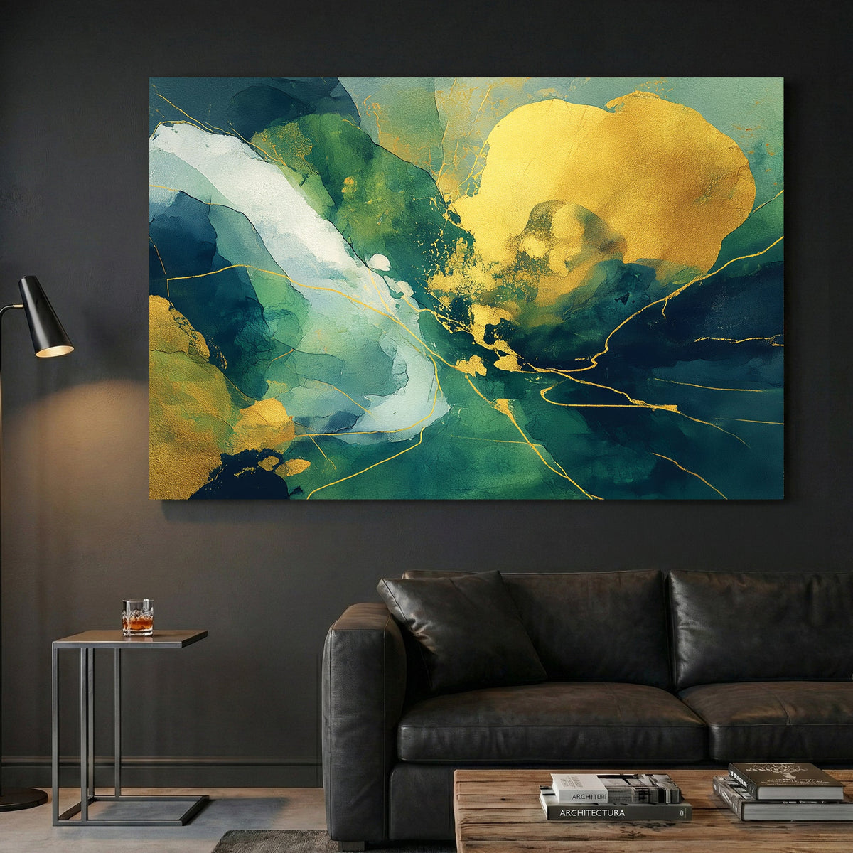 Green and gold abstract mixed media contemporary art watercolour paint
