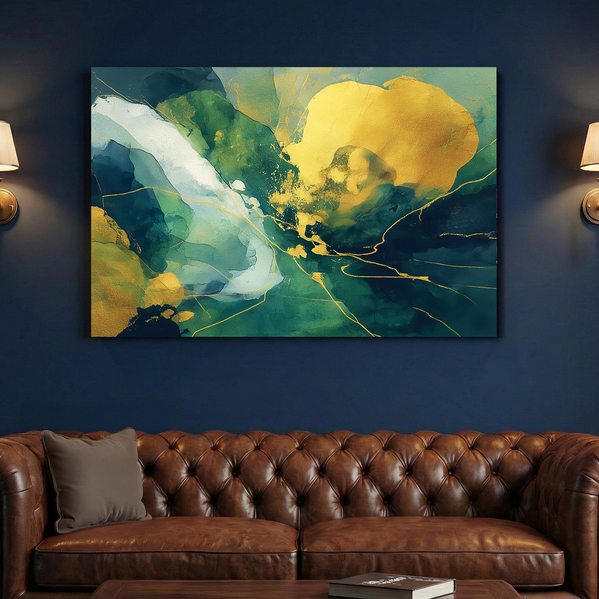 Green and gold abstract mixed media contemporary art watercolour paint