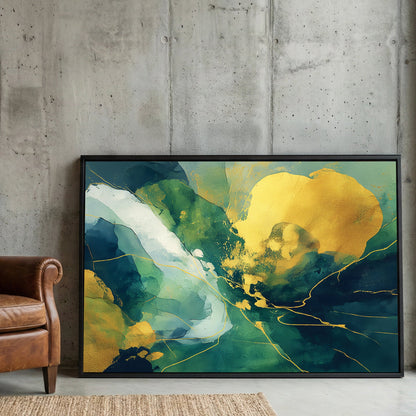 Green and gold abstract mixed media contemporary art watercolour paint