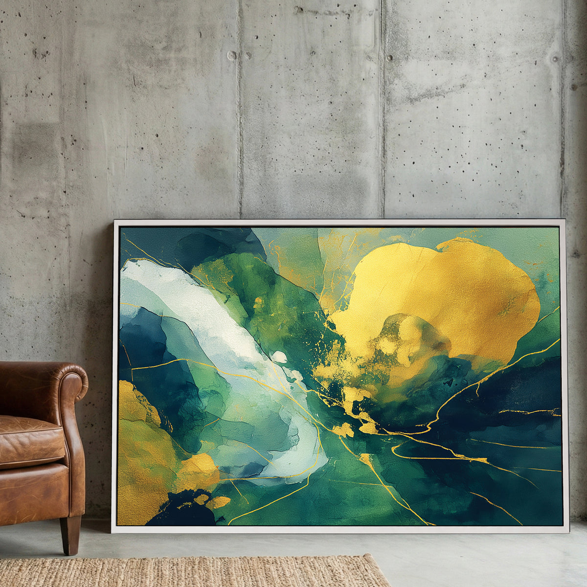 Green and gold abstract mixed media contemporary art watercolour paint