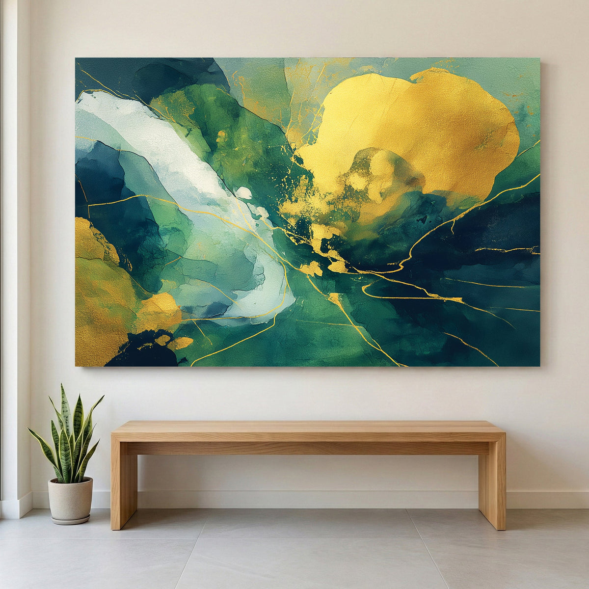 Green and gold abstract mixed media contemporary art watercolour paint