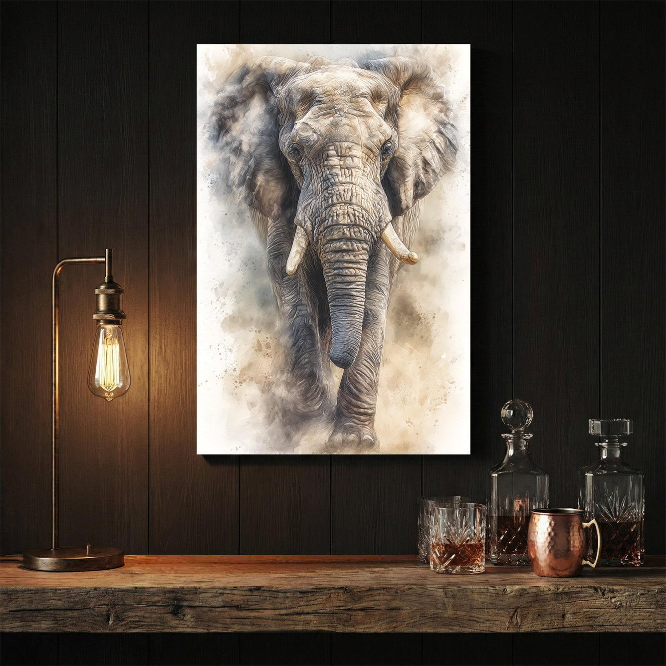 Elephant portrait watercolour painting soft neutral tones animal art
